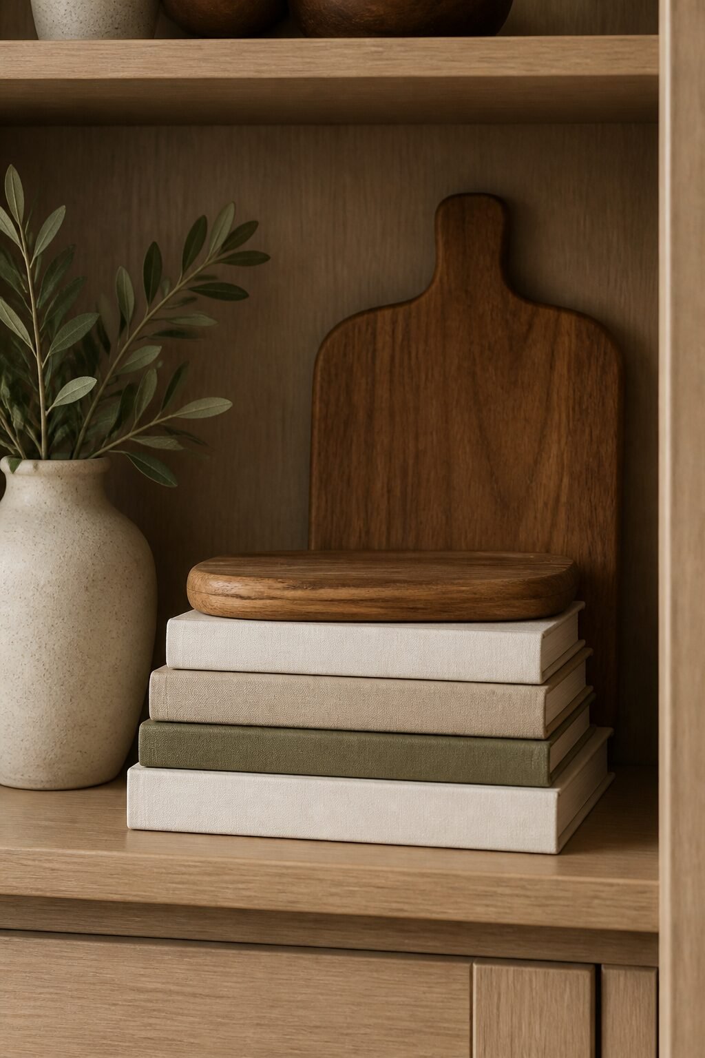 Edited shelf: cookbook stack with wood board