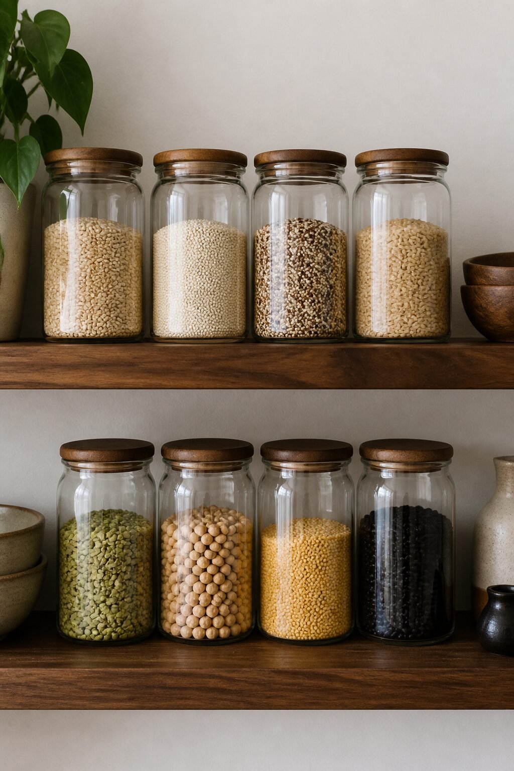 Glass canisters of grains on walnut shelf