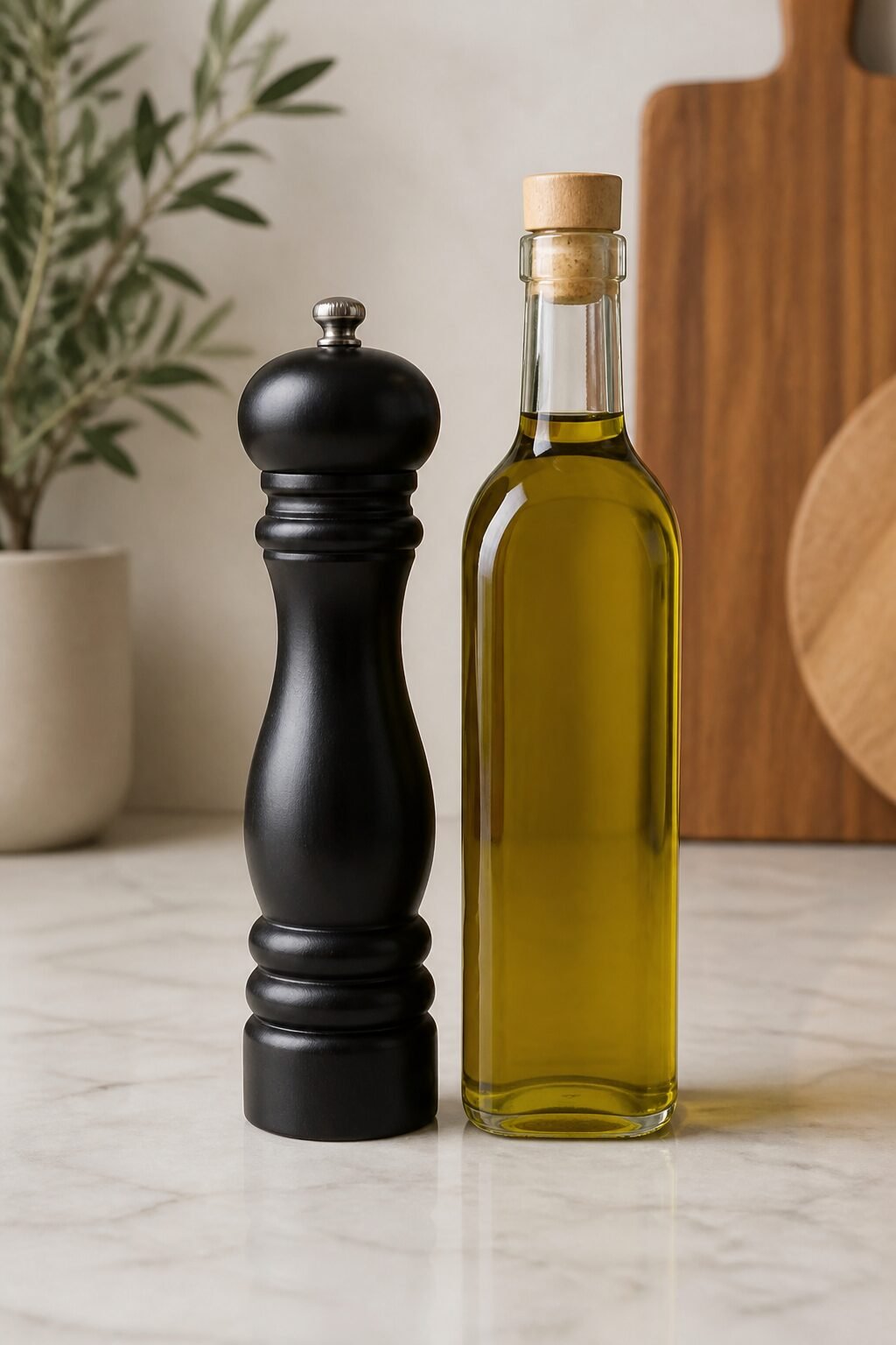 Black pepper mill beside olive oil bottle