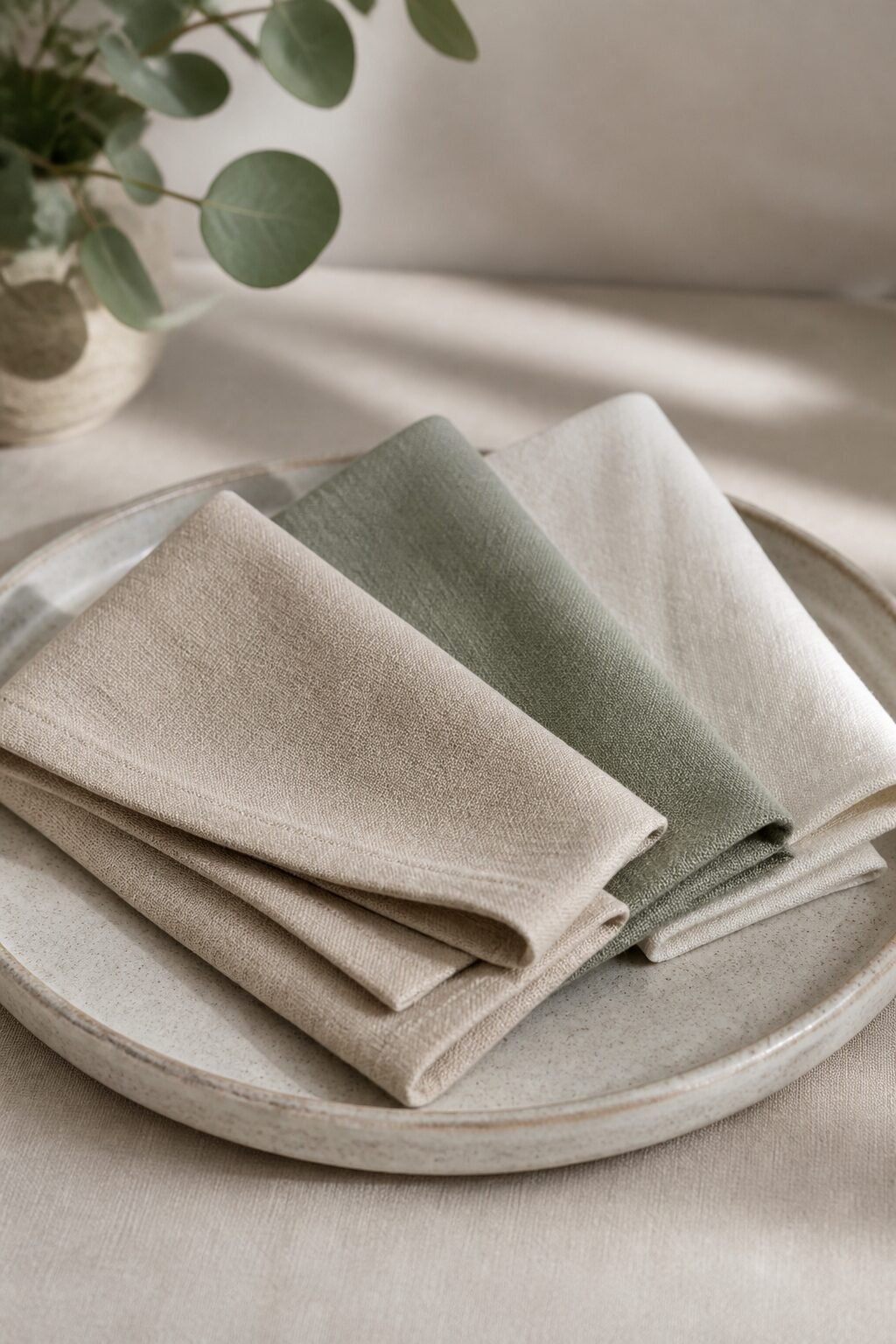 Linen napkins folded on simple ceramic tray
