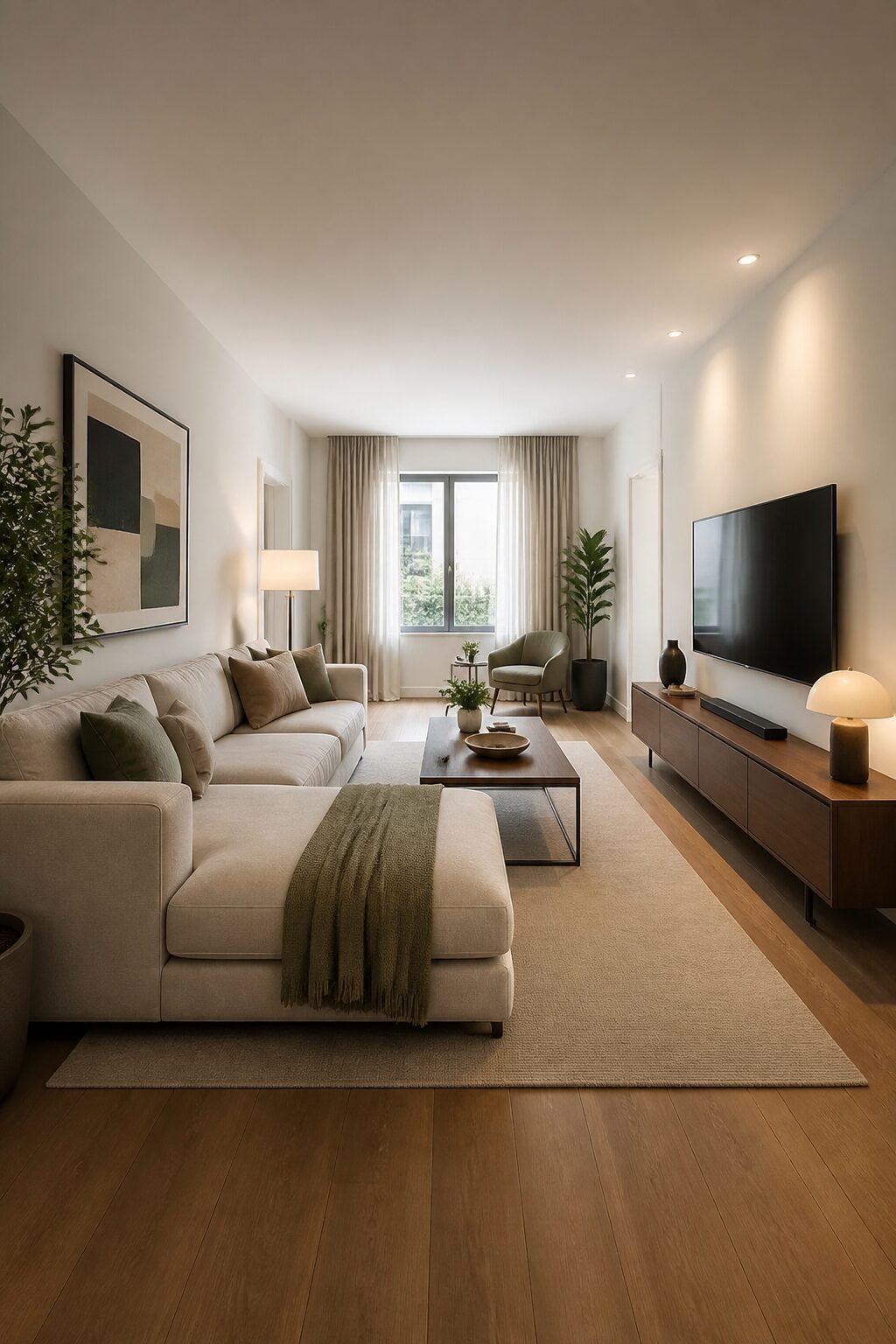 L-shaped chaise sofa in long narrow living room