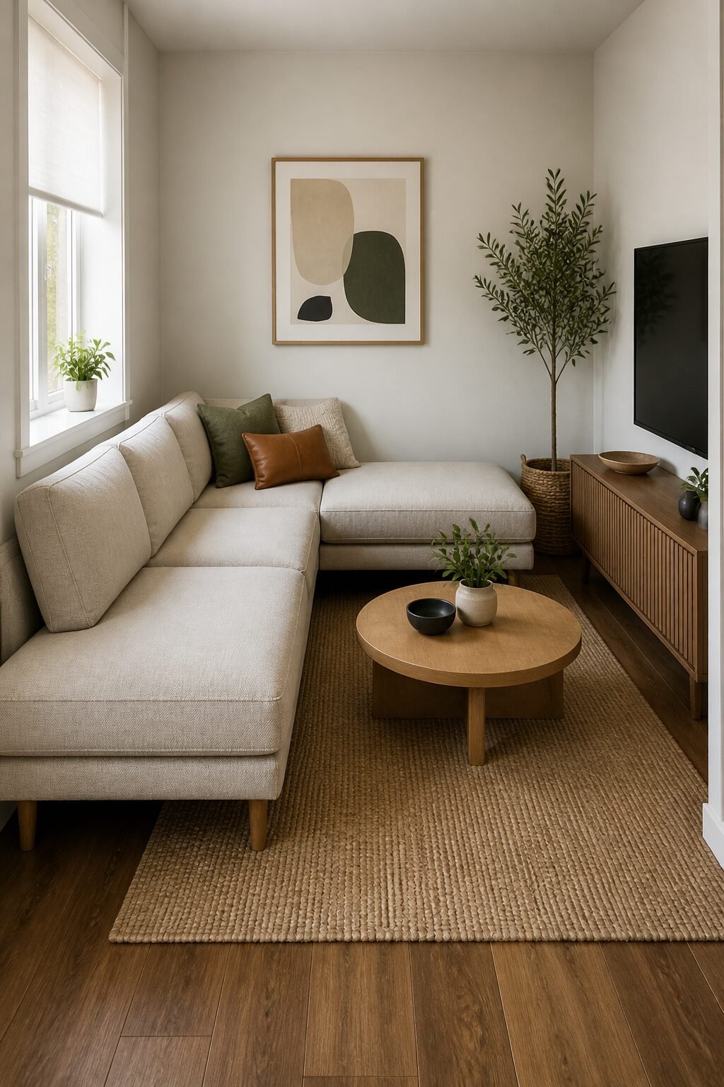Low-back sectional with visible legs in tight space