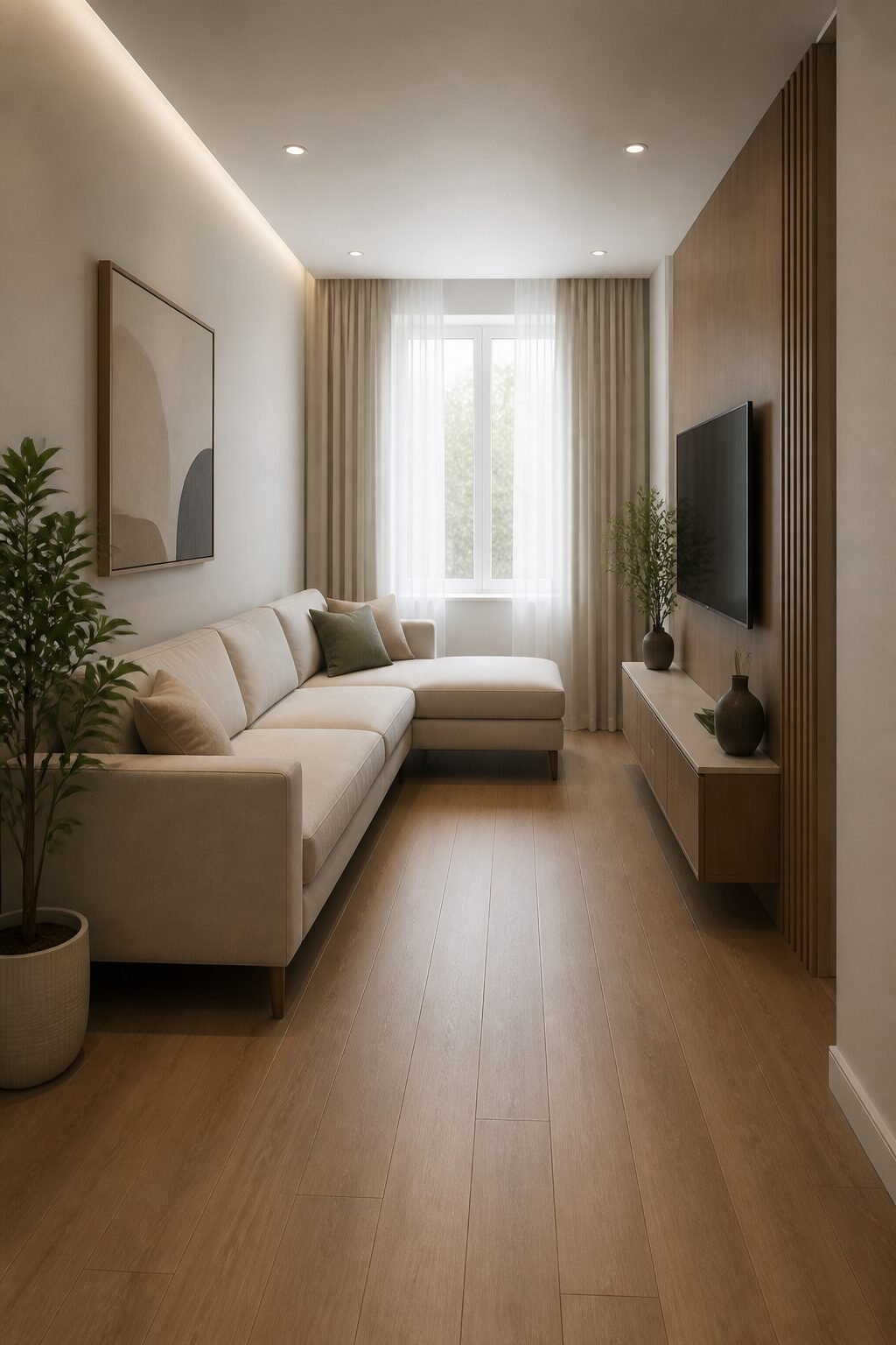 Slim-arm L-sofa opening walkway in narrow room