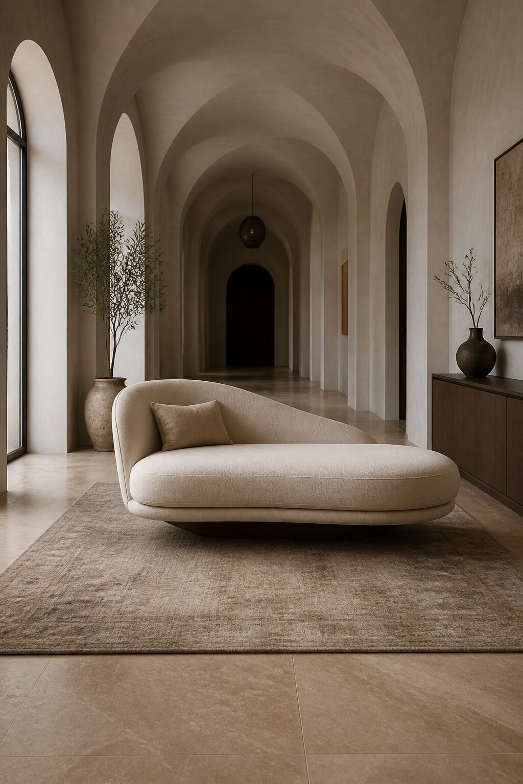 Floating chaise sofa centered on rug in corridor room