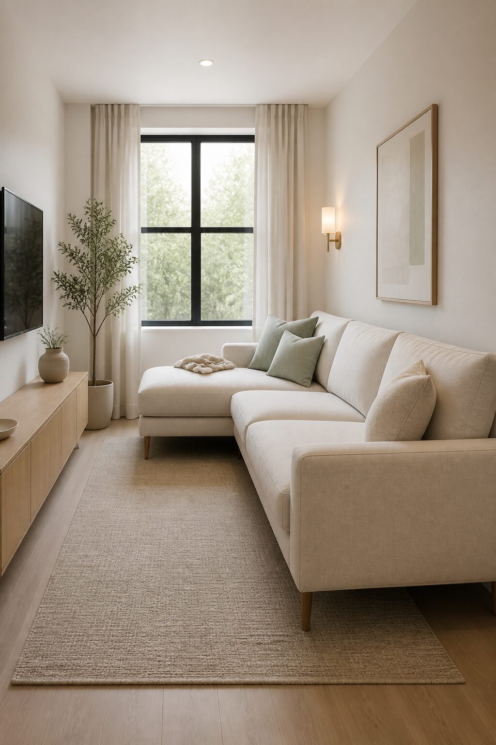 Sectional with raised legs, light upholstery, narrow layout