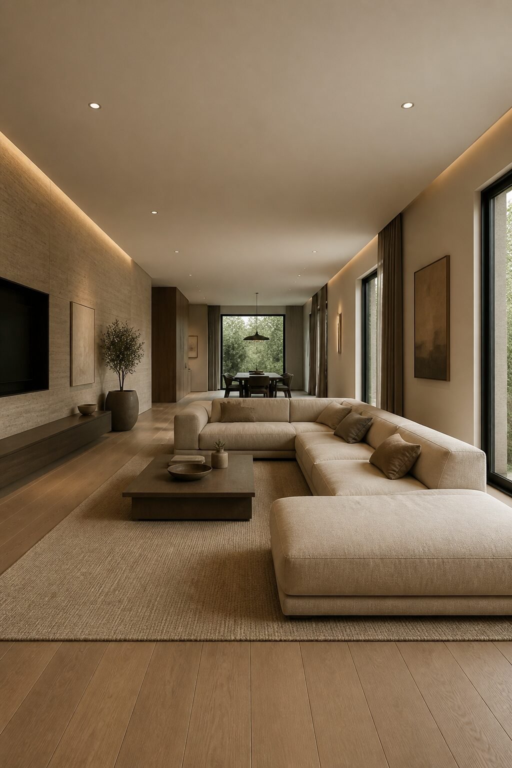 L-shaped sofa with low profile backs, long room