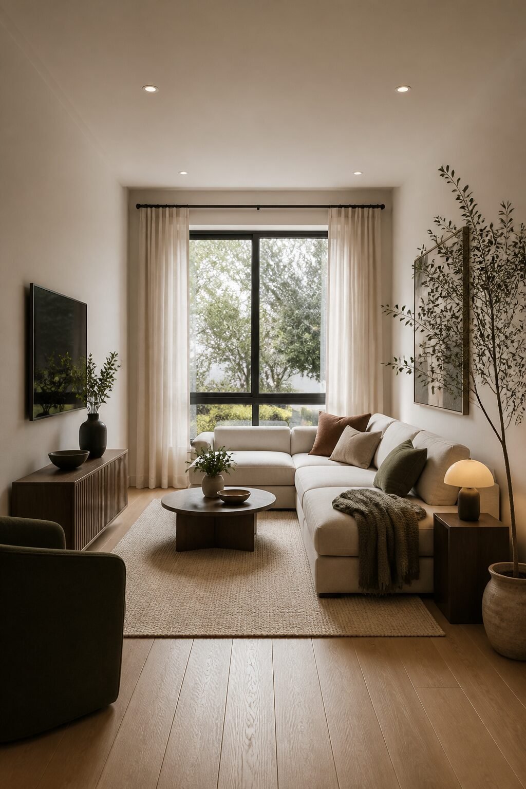 Chaise-end sectional facing window in slender space