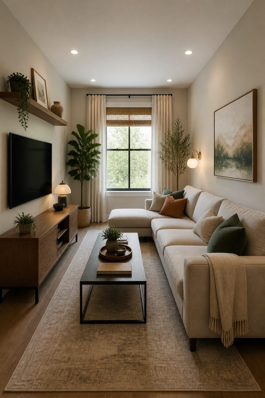 Narrow living room with proportional 34-inch depth sectional