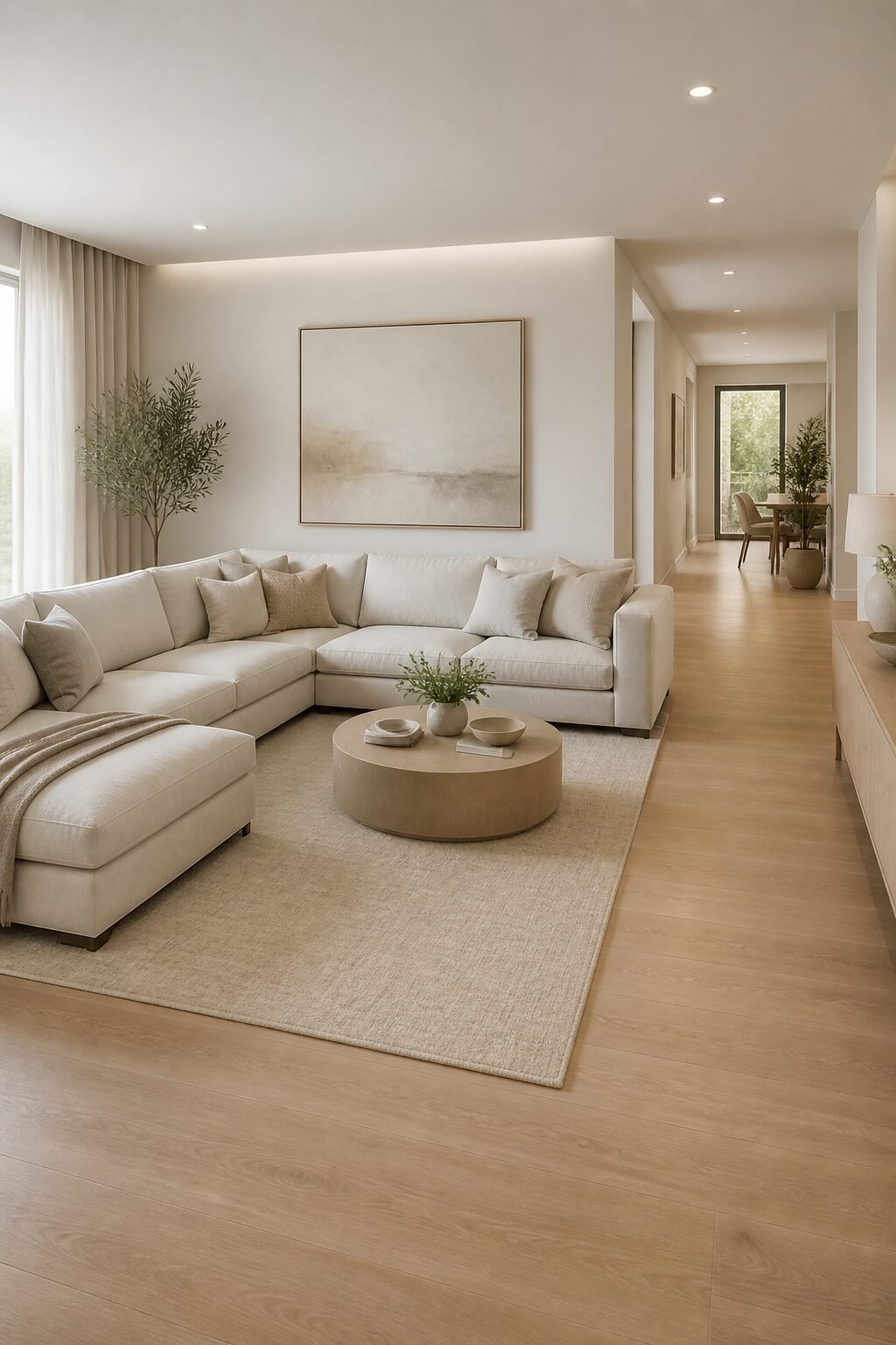 Light-toned L-sofa, open side for circulation path