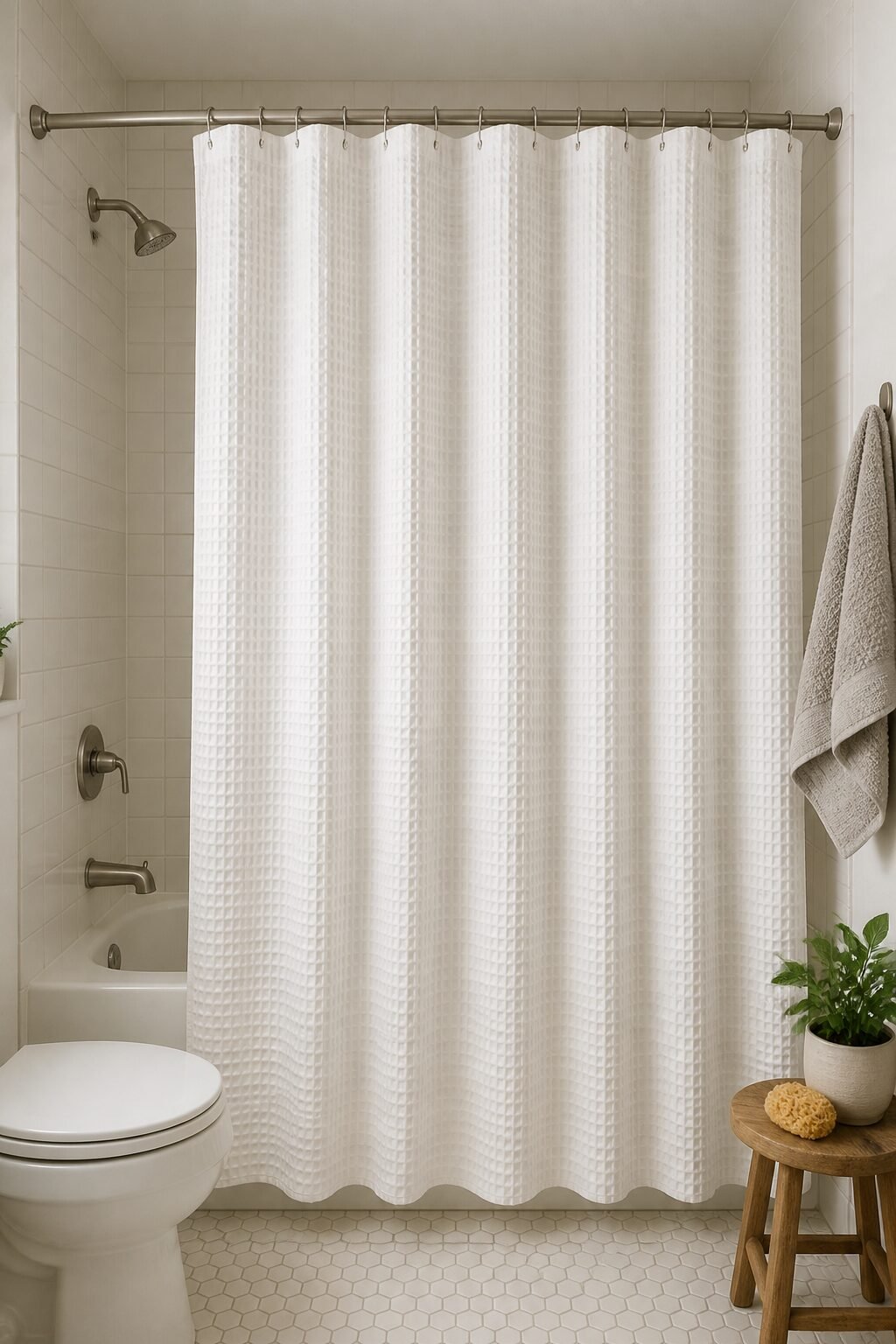 White heavyweight waffle shower curtain in small tiled bathroom