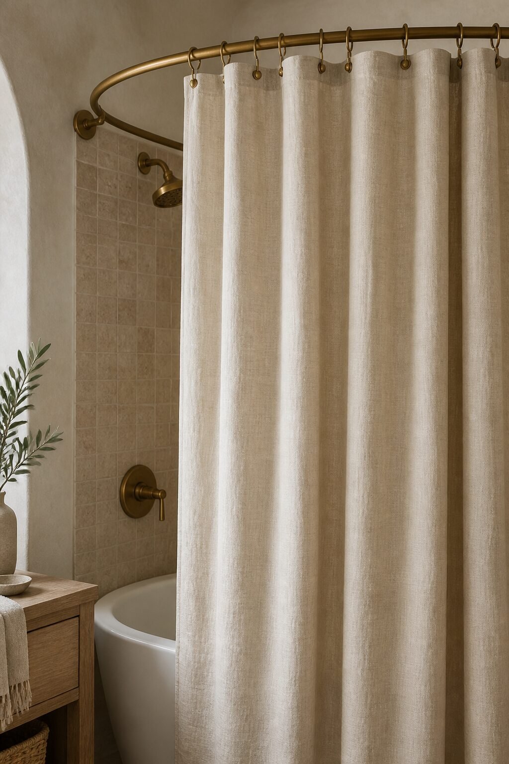 Linen-blend curtain with brass hooks on curved shower rod