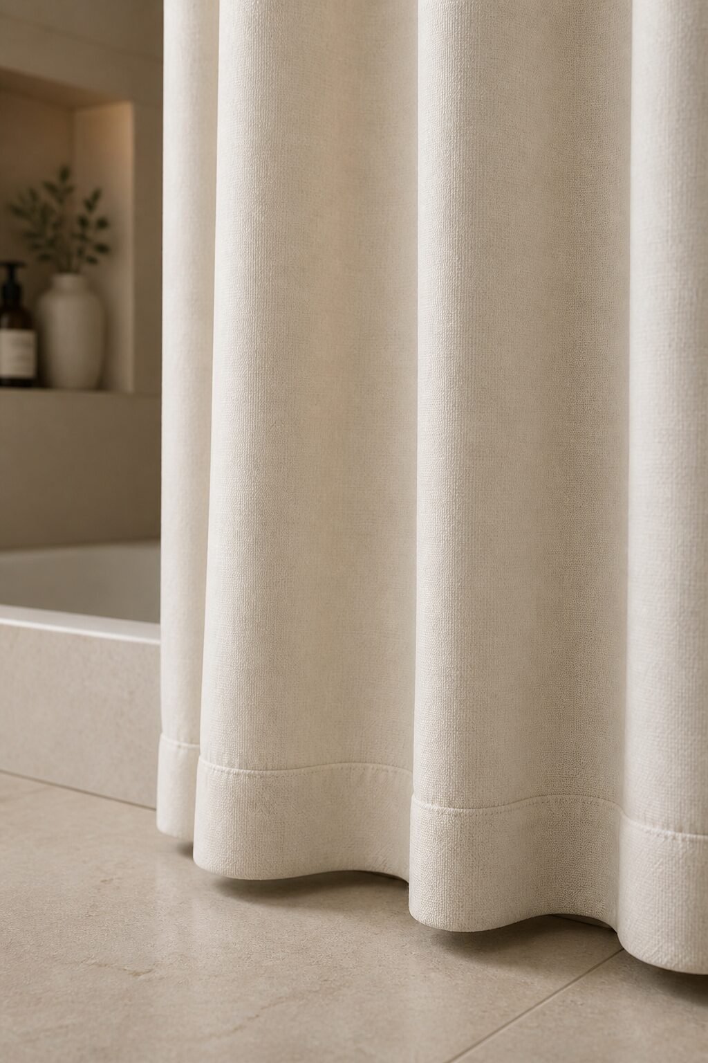 Weighted hem detail on luxury shower curtain edge