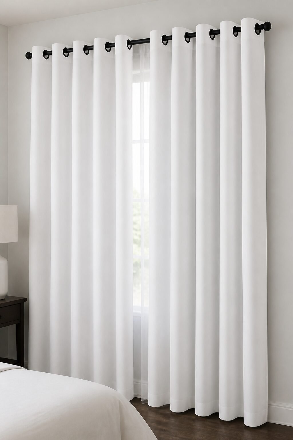 Hotel-style white curtain with matte black grommets