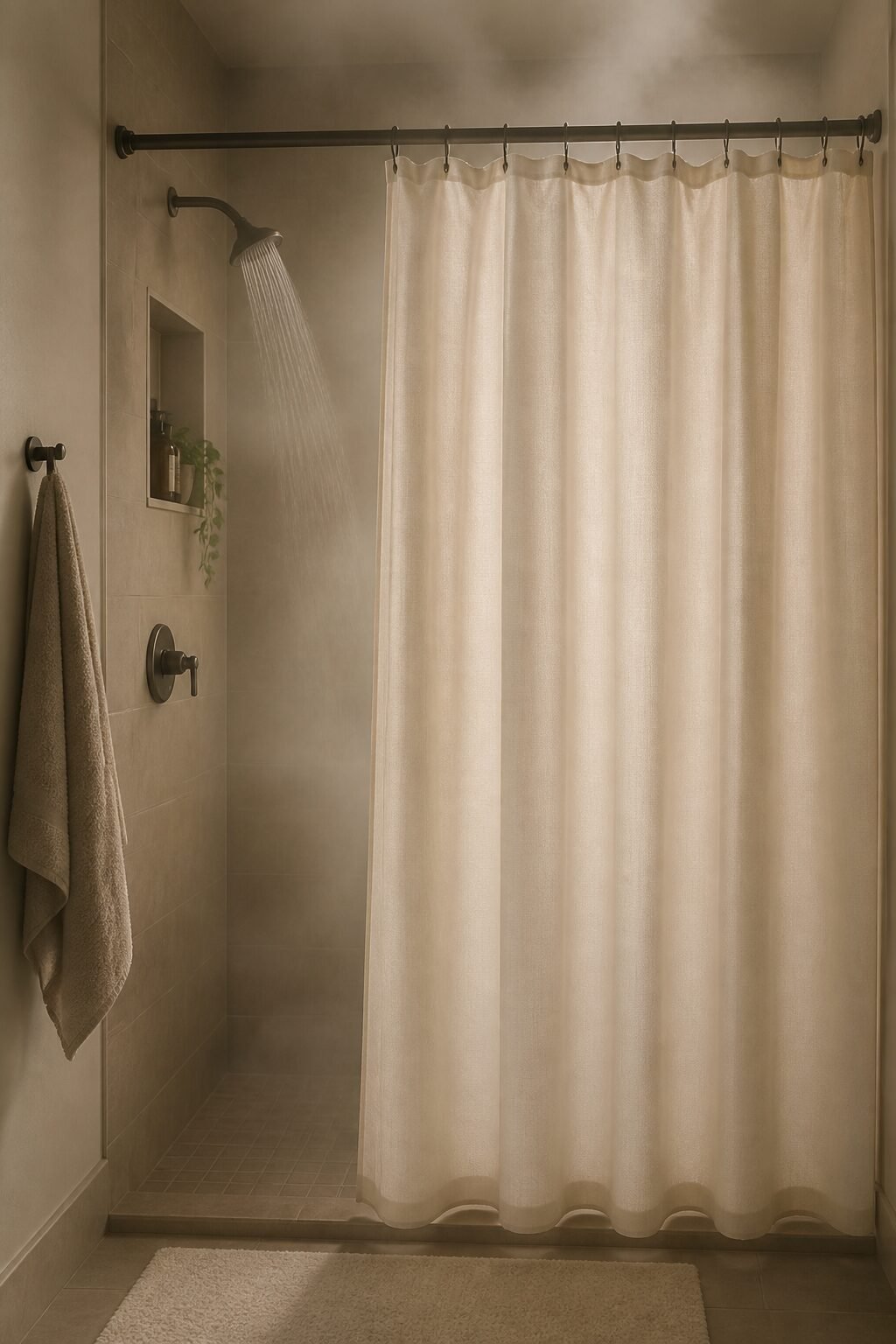 Steam-filled shower, curtain hanging straight without cling