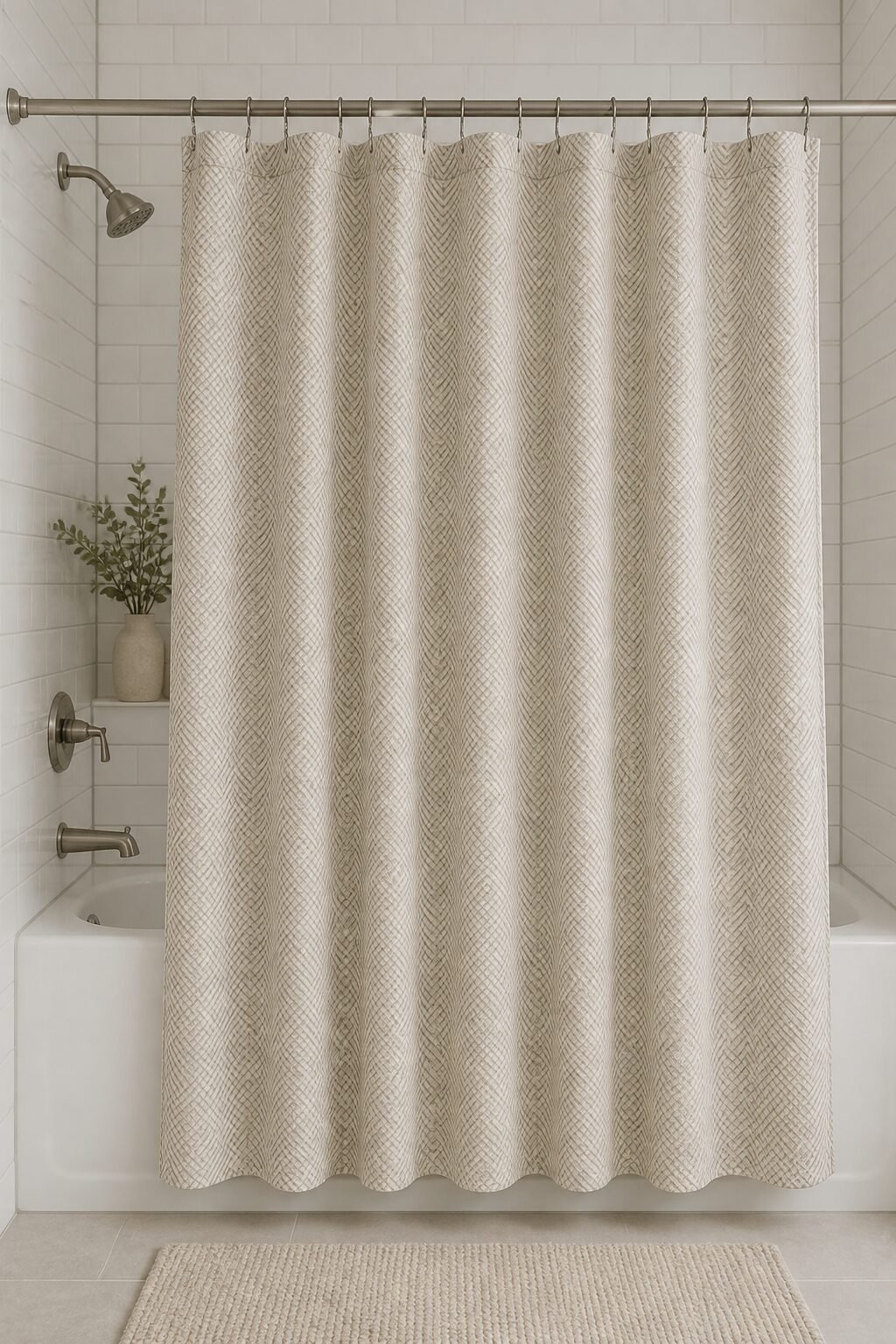 Neutral herringbone curtain against subway tile walls