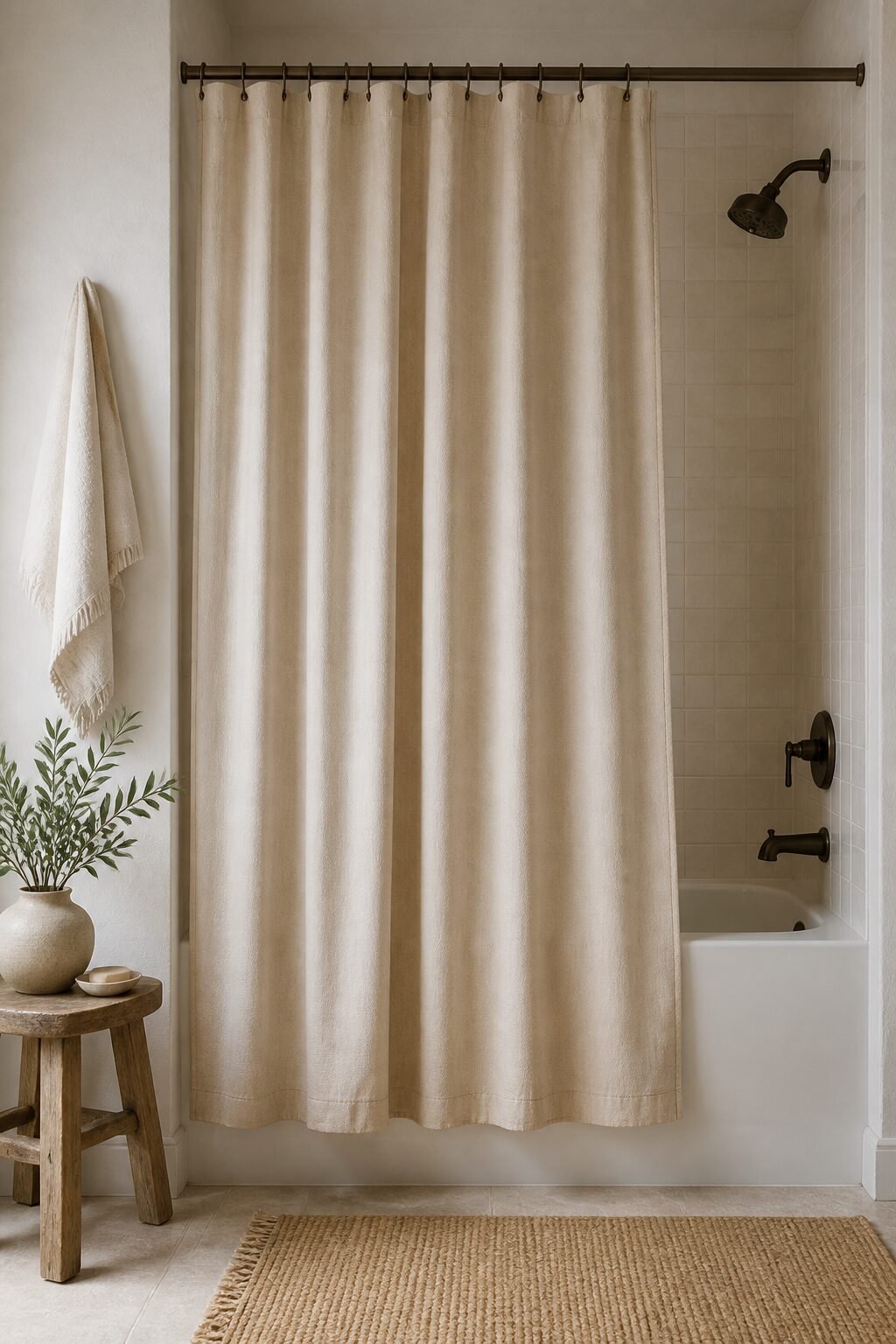 Textured cotton curtain, tailored drape over narrow tub