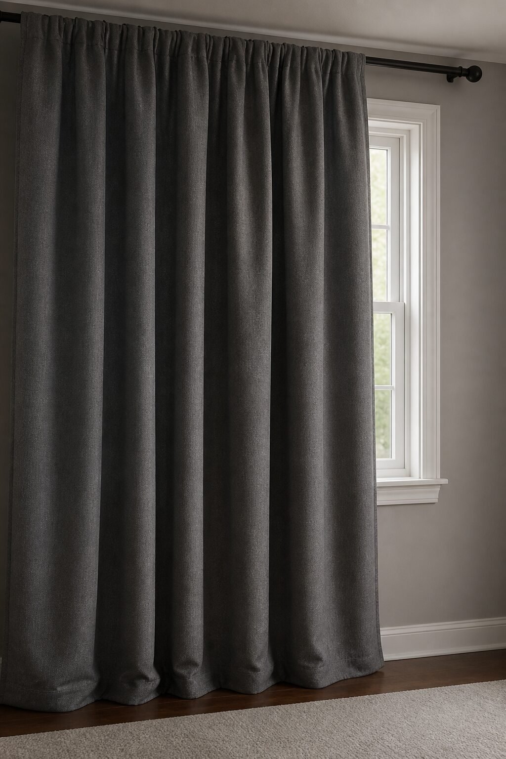 Grey heavyweight curtain blocking draft near small window