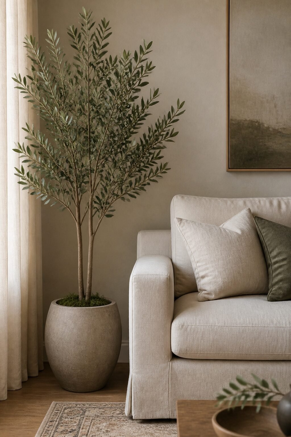 matte-leaf faux olive tree beside linen sofa