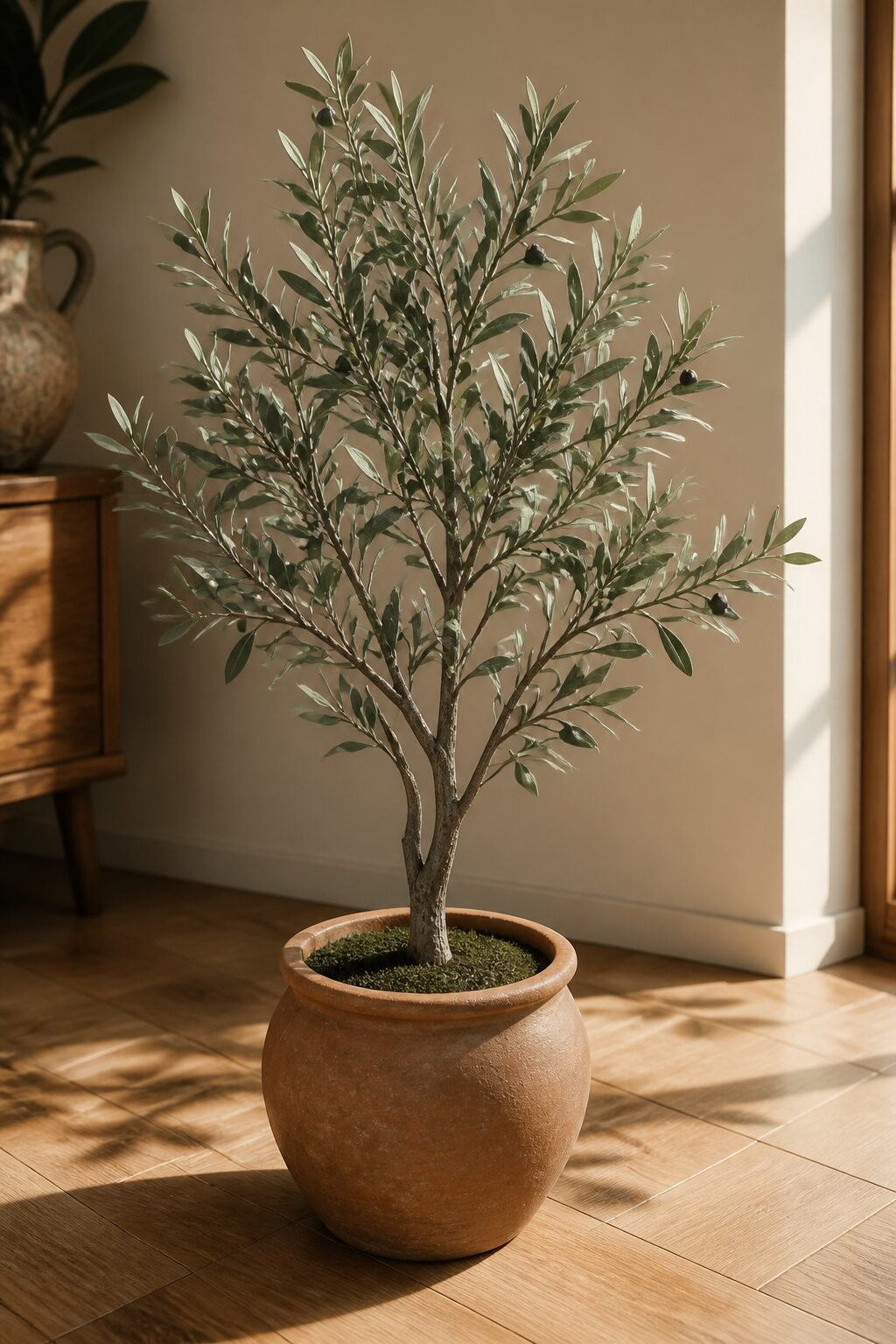 clay pot faux olive tree on sunlit hardwood