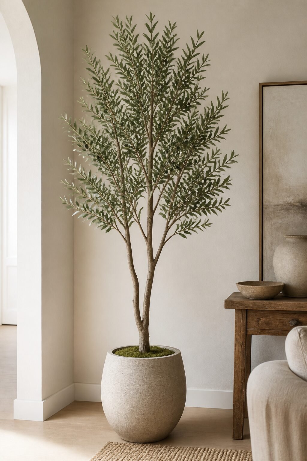 tall faux olive tree in neutral ceramic planter