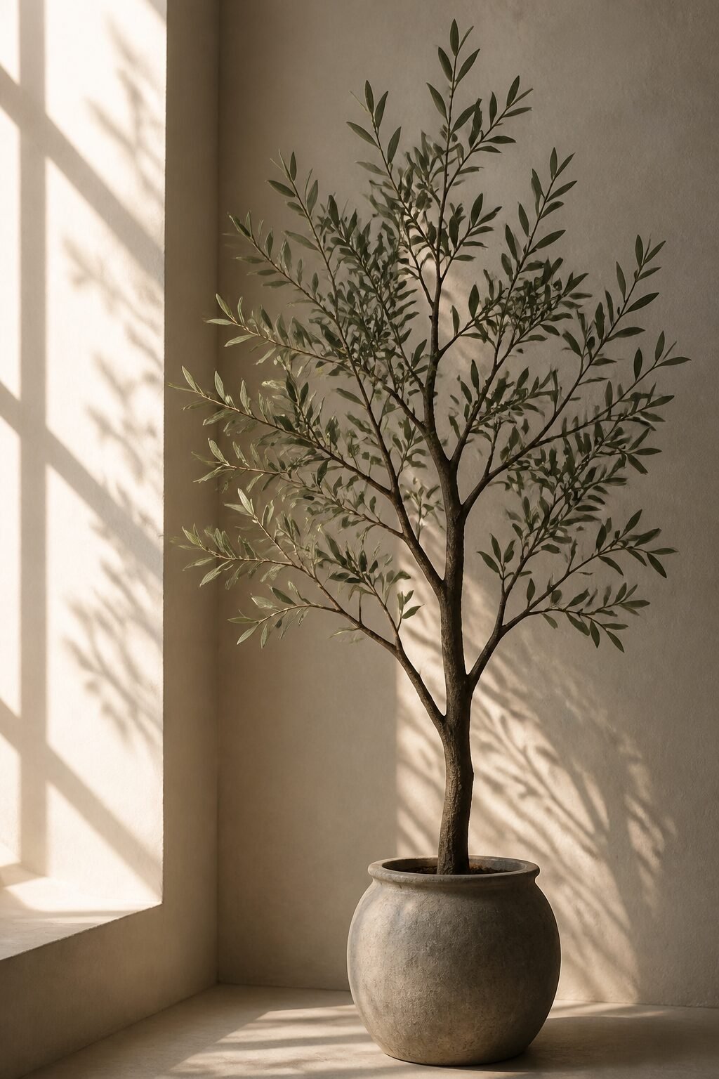faux olive tree silhouette, soft window light