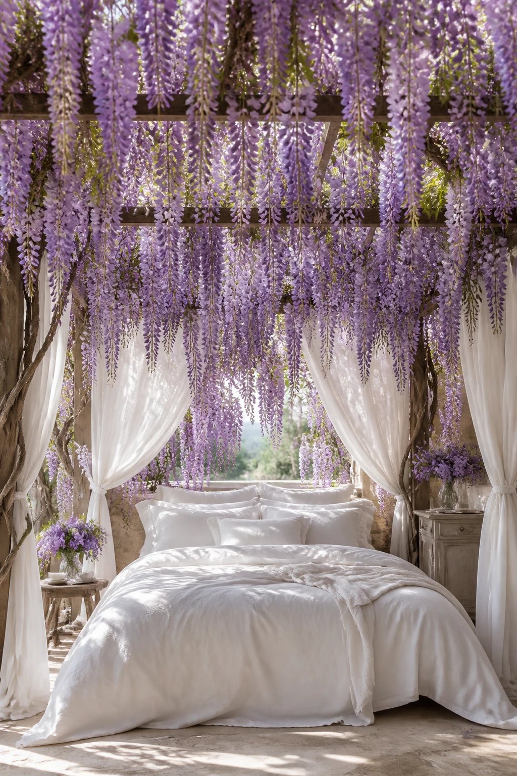 Lavender silk wisteria canopy over white linen bed