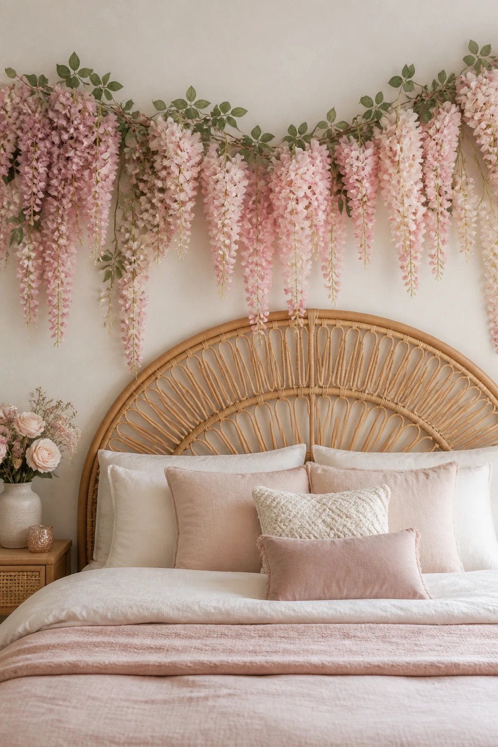 Blush wisteria garland draped above rattan headboard