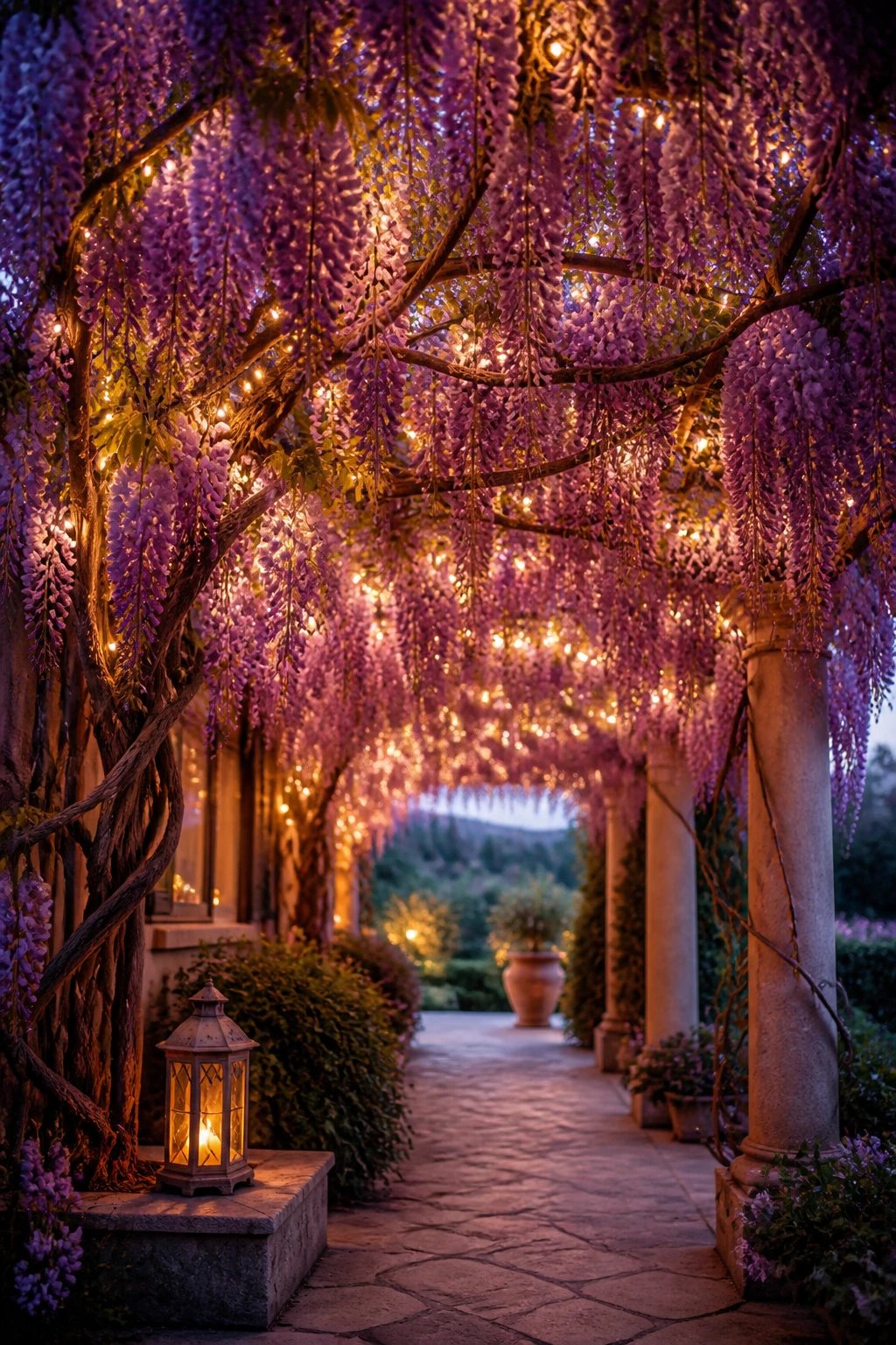 Warm fairy lights woven through lavender wisteria canopy
