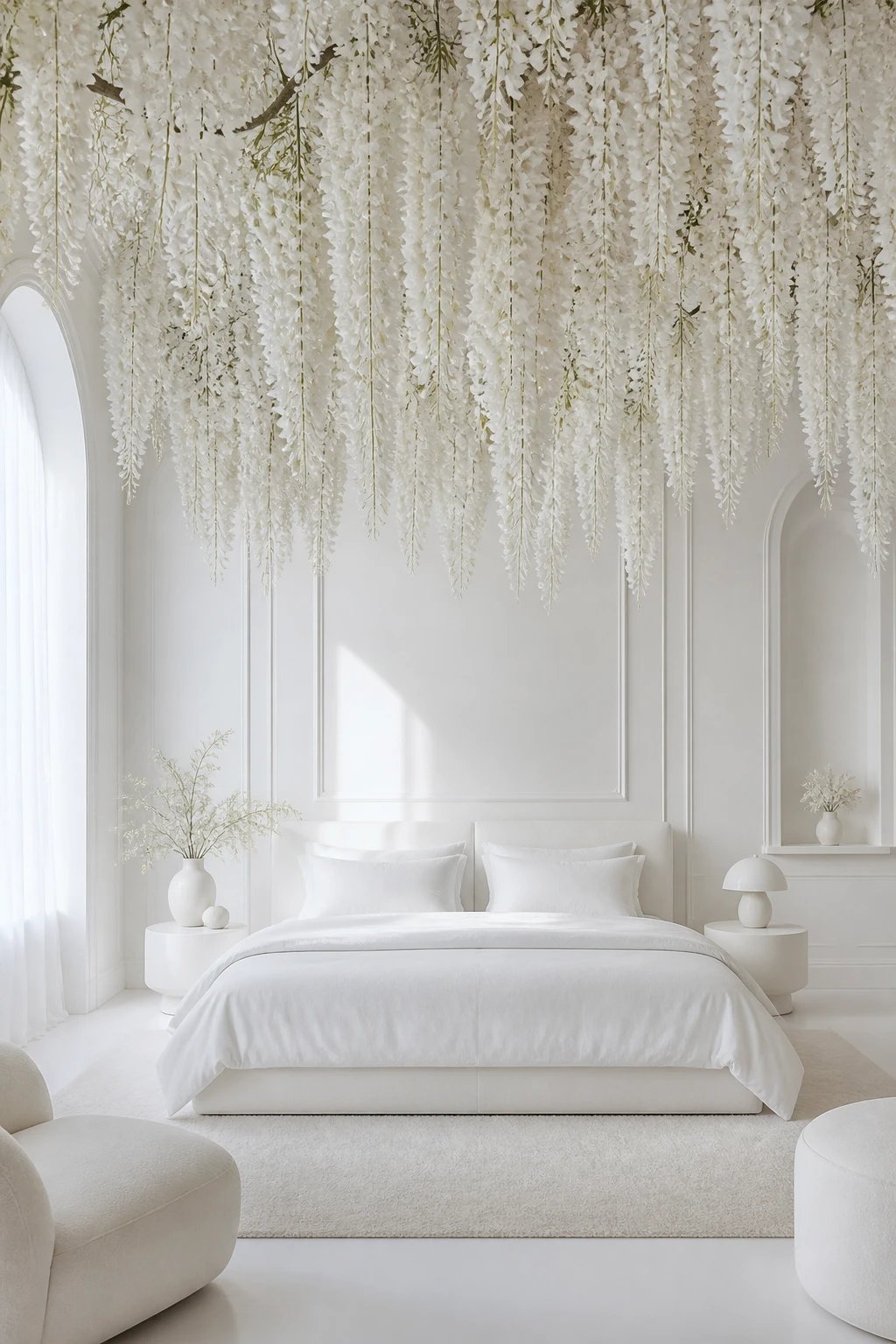 Minimalist white bedroom with white wisteria ceiling