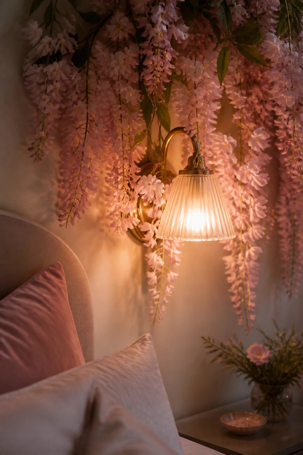 Bedside sconce glowing through blush wisteria blooms