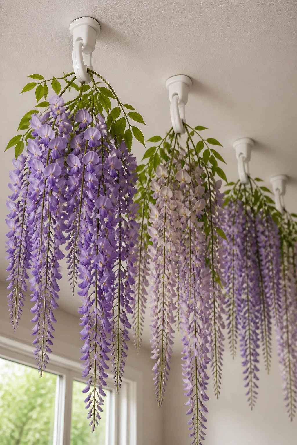 Ceiling-mounted command hooks holding cascading wisteria