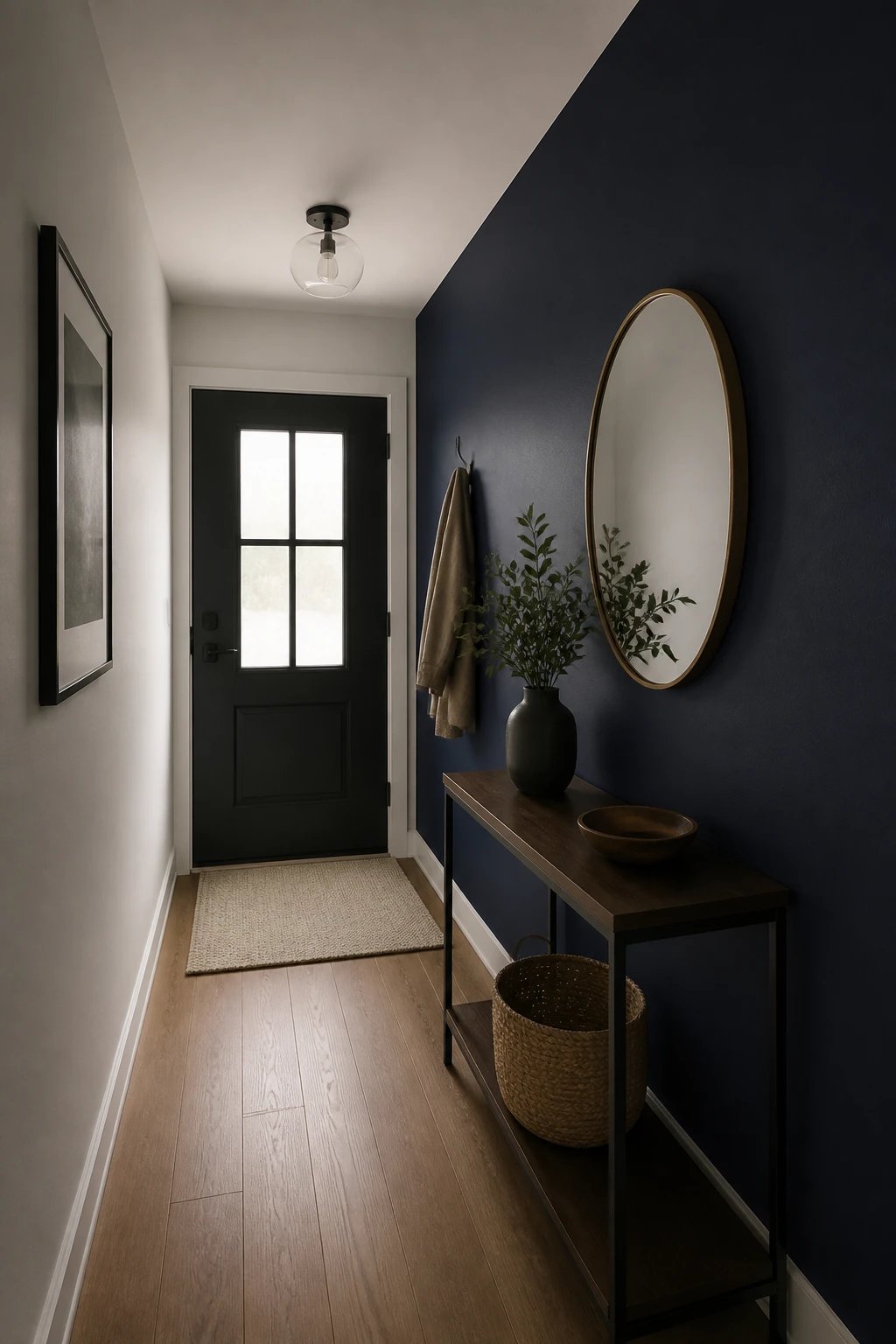 narrow entry with navy accent wall, matte finish