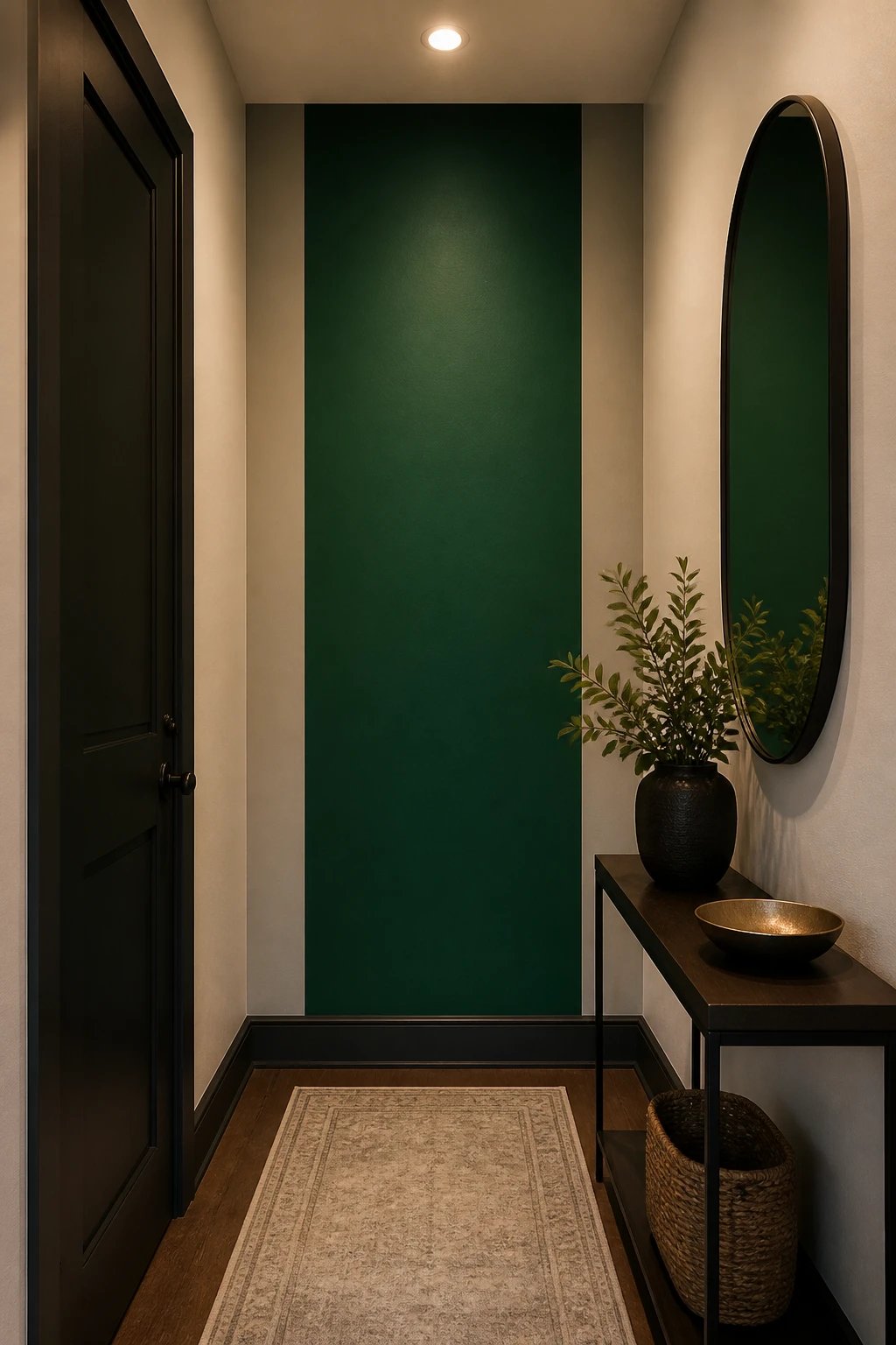 small hallway emerald accent wall, vertical color-blocking
