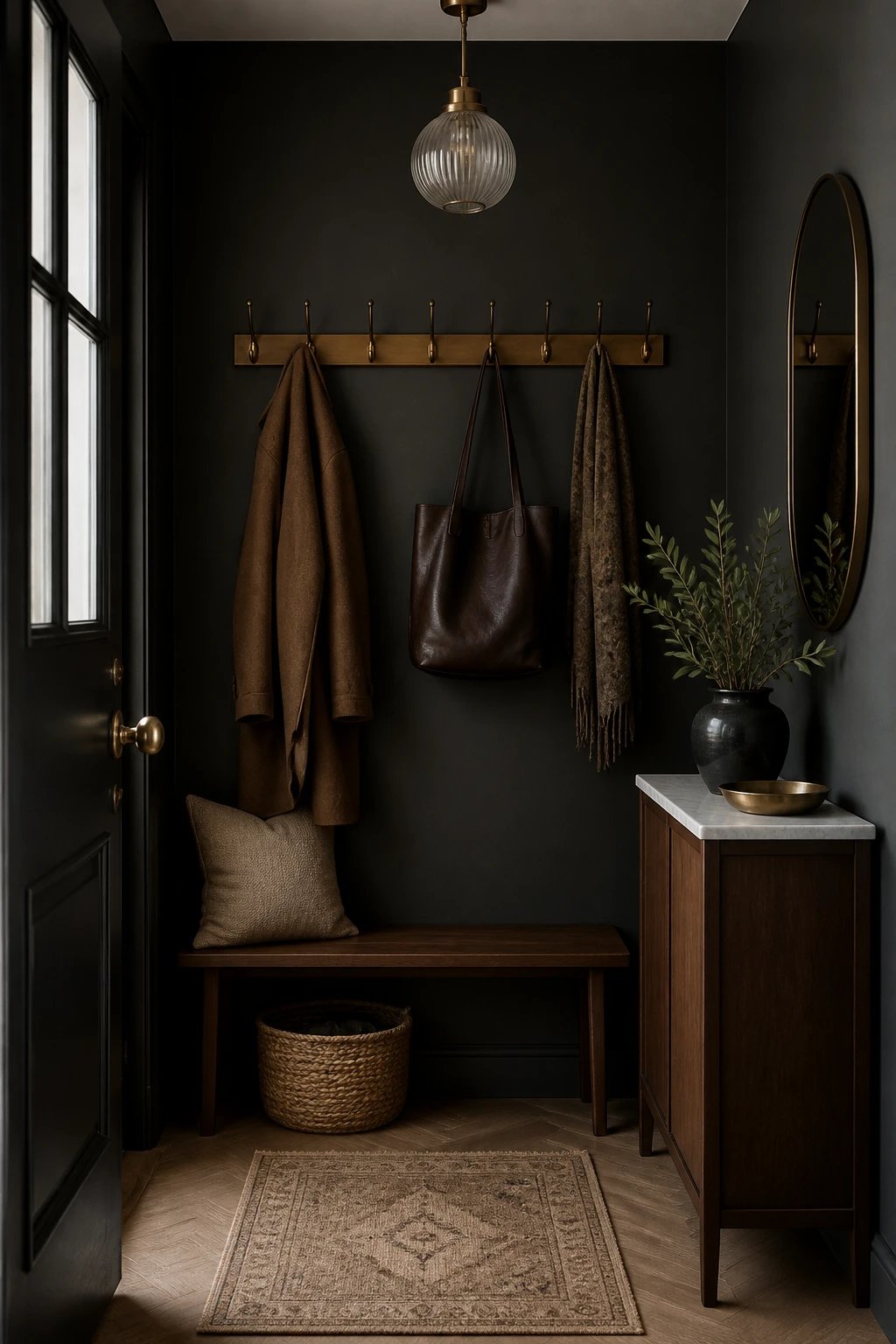 compact foyer charcoal wall, brass hook rail