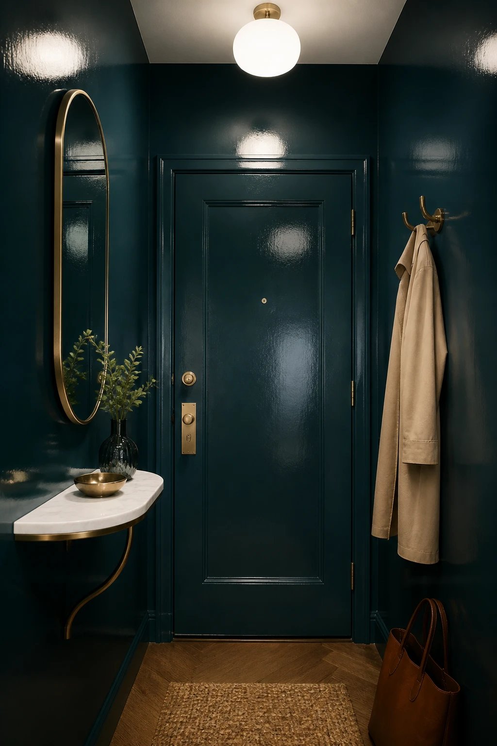 tiny entry deep teal wall, high-gloss sheen