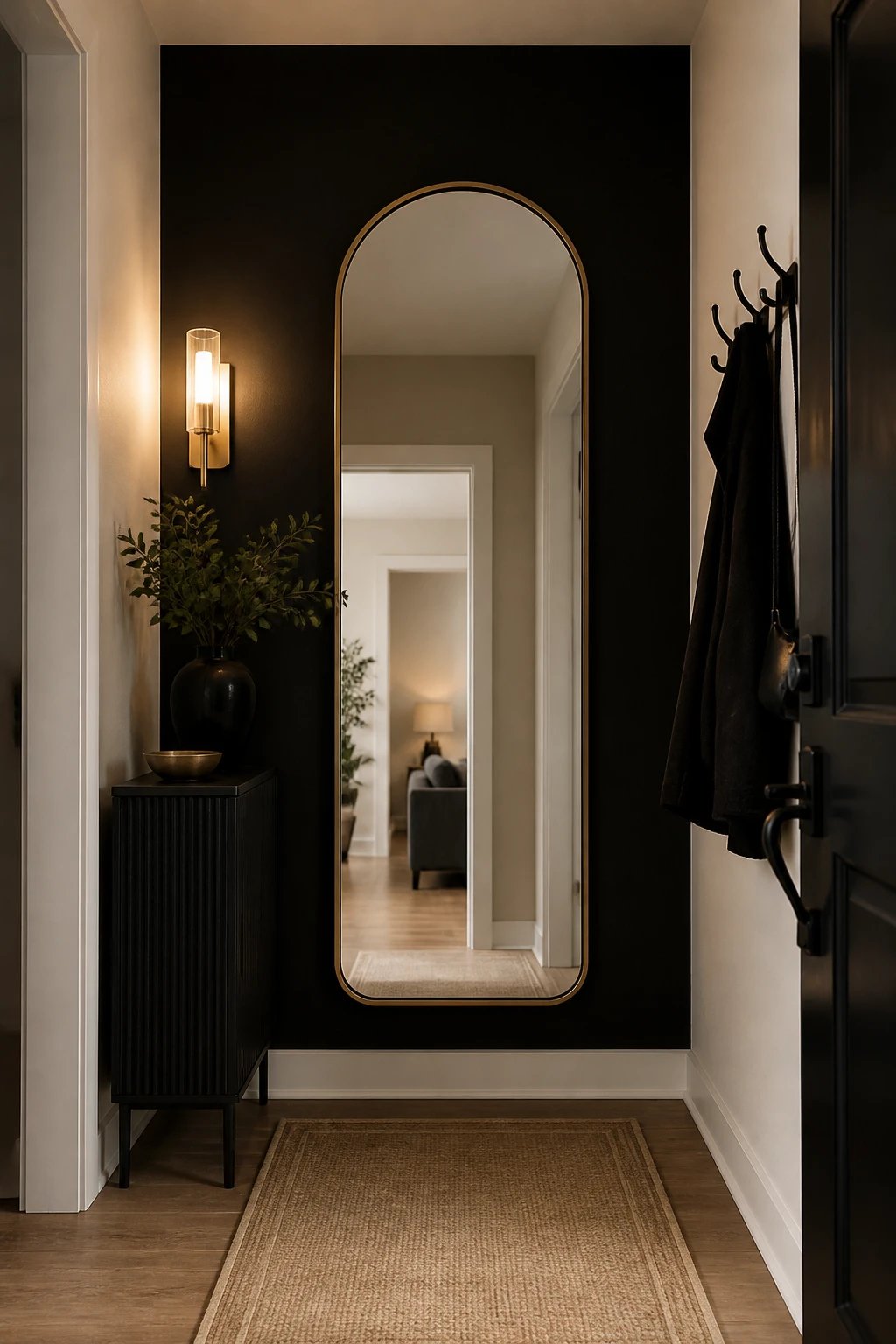 petite foyer black accent wall, tall mirror