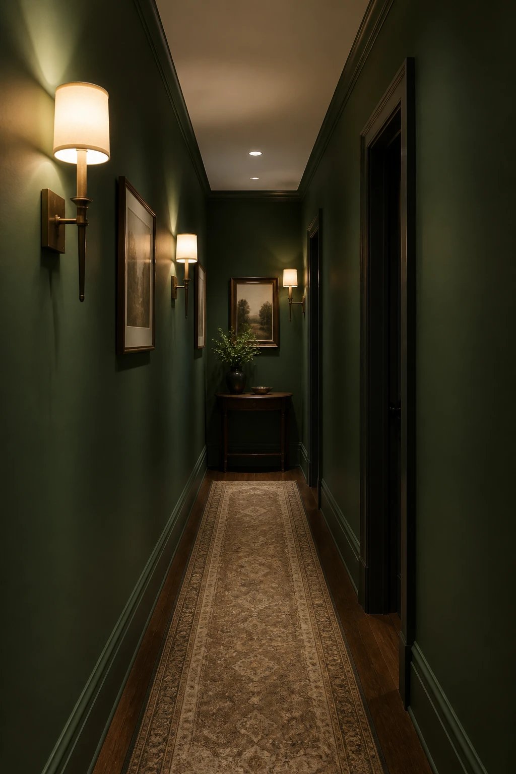 slim hallway forest green wall, sconce lighting