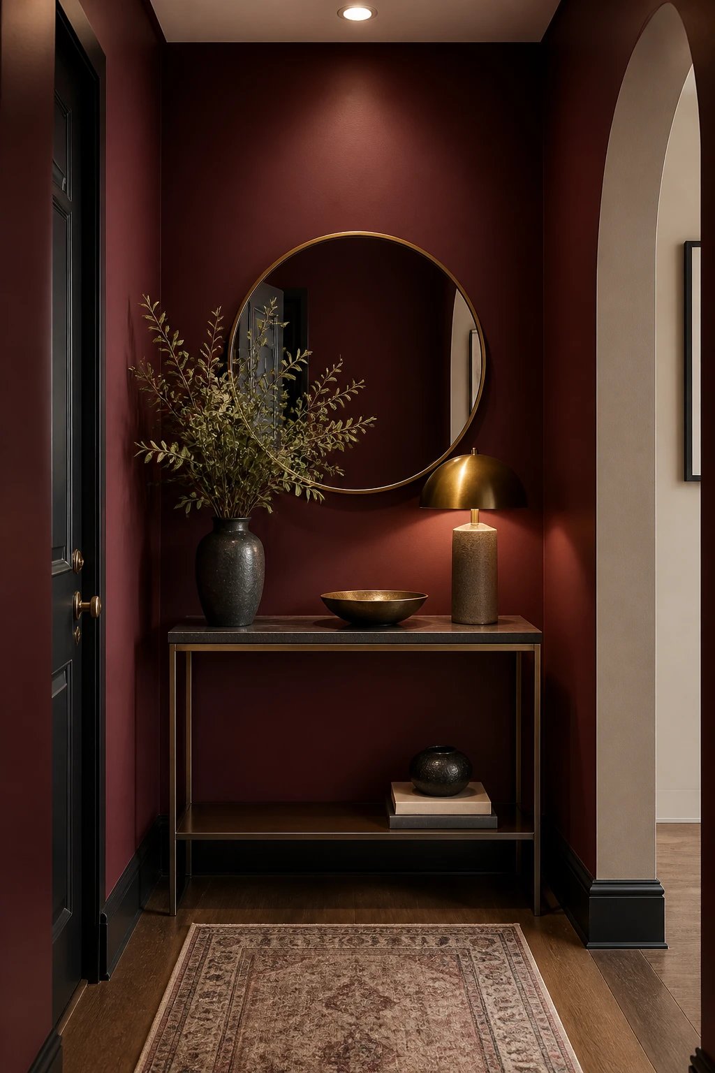 narrow entry burgundy wall, styled console table