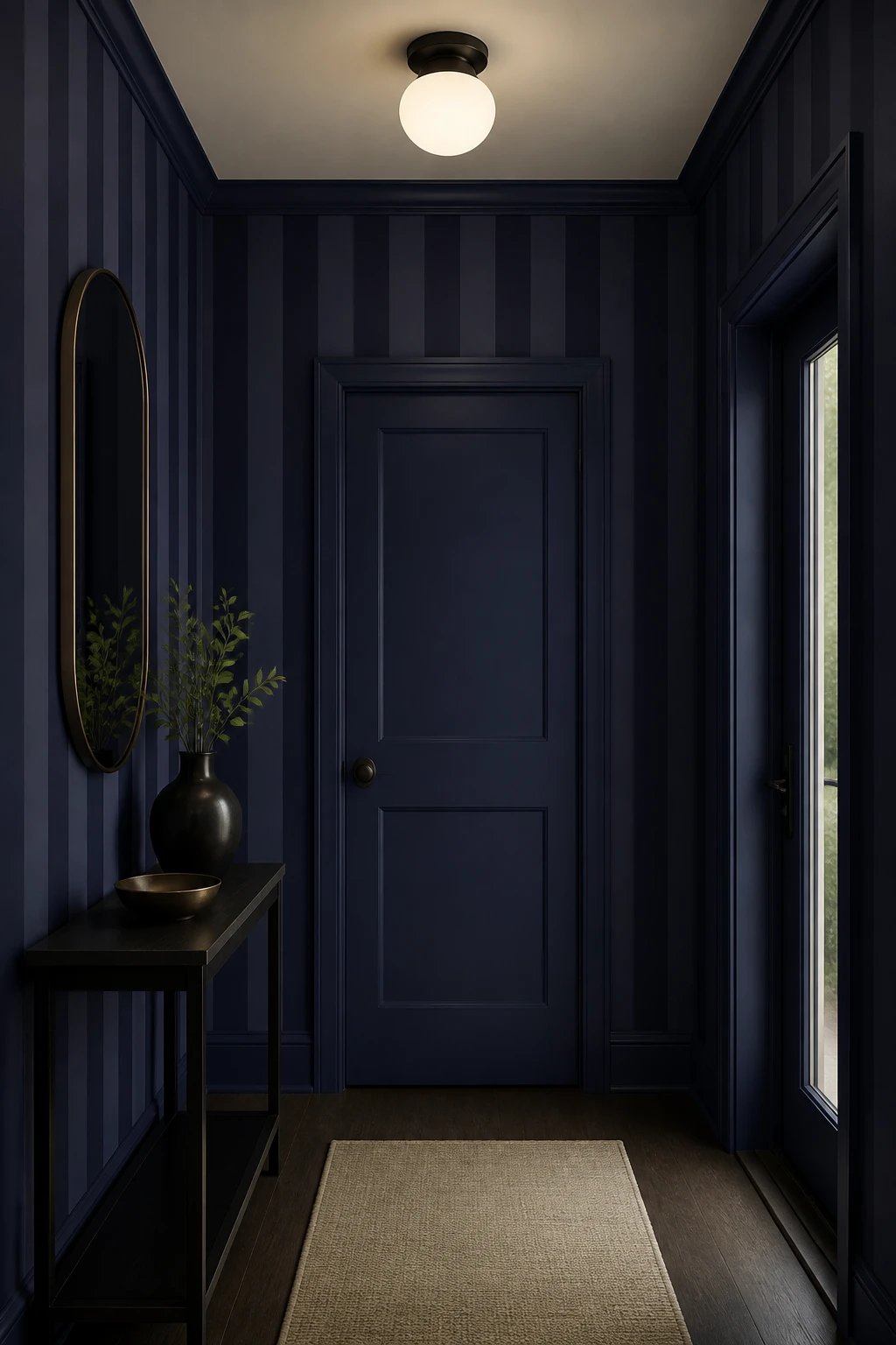 small vestibule indigo wall, ceiling-height stripes
