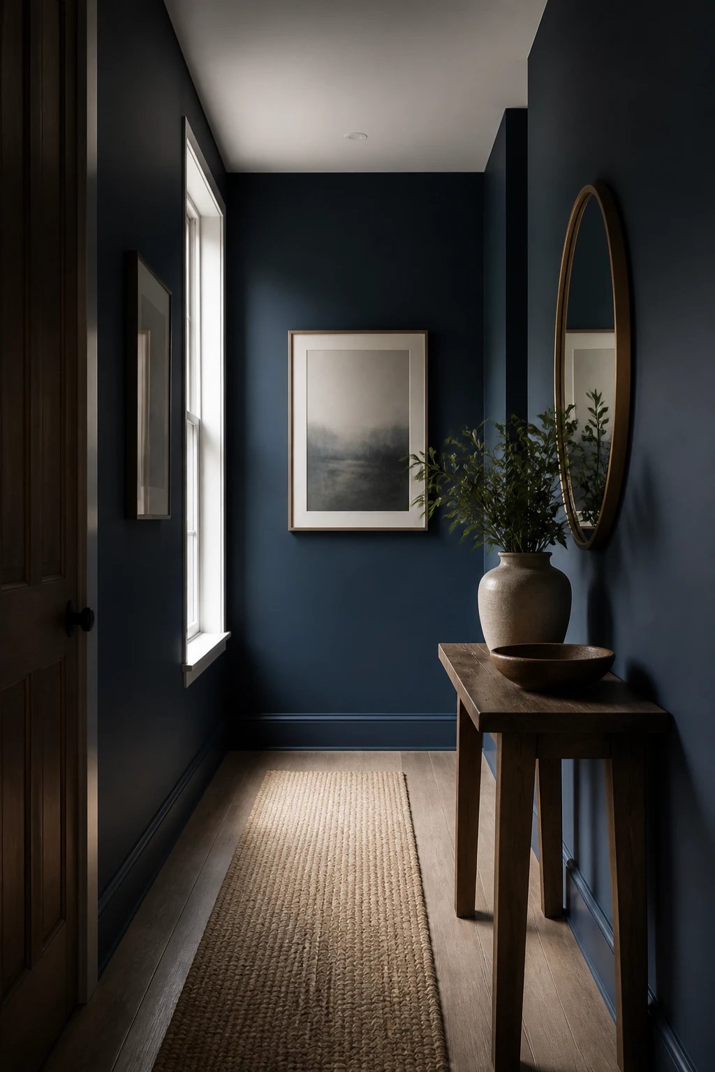 compact hallway dark blue wall, natural light