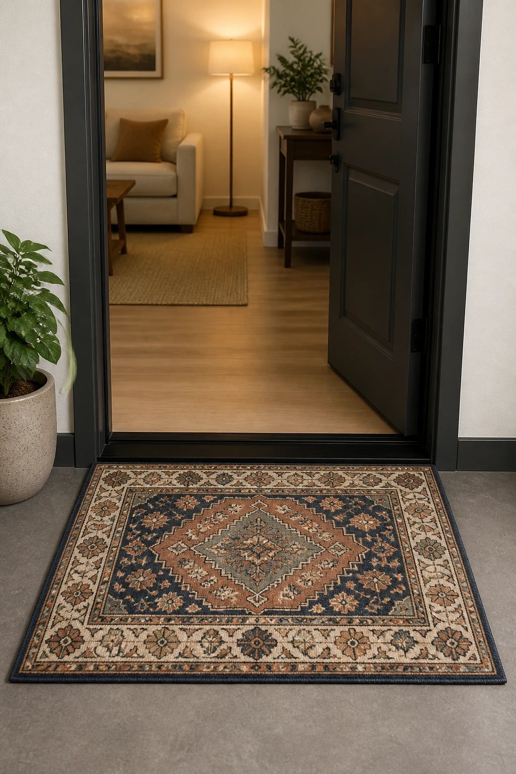 2x3 patterned rug at apartment door threshold