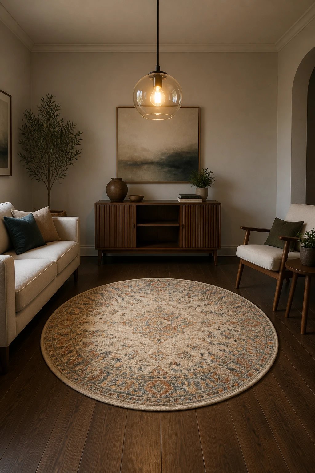 3-foot round rug centered under pendant light