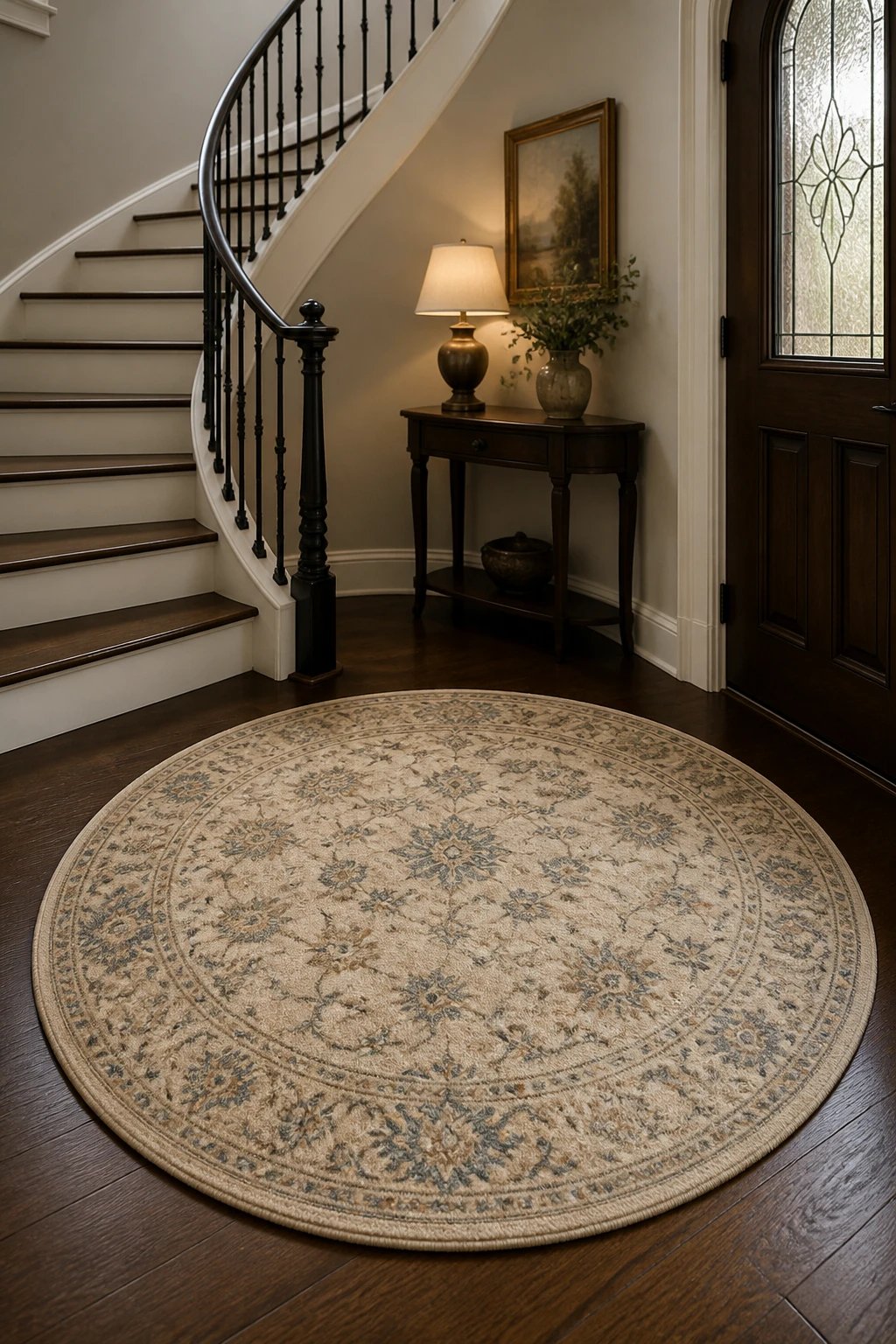 4-foot round rug by curved staircase entry