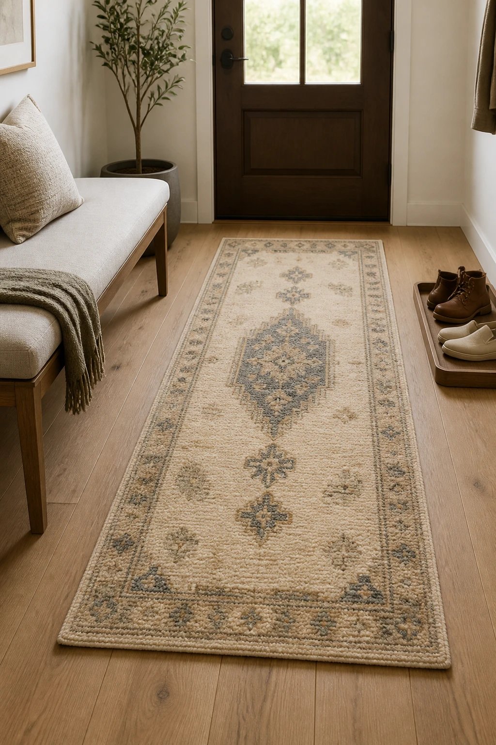 3x5 wool rug with bench and shoe tray