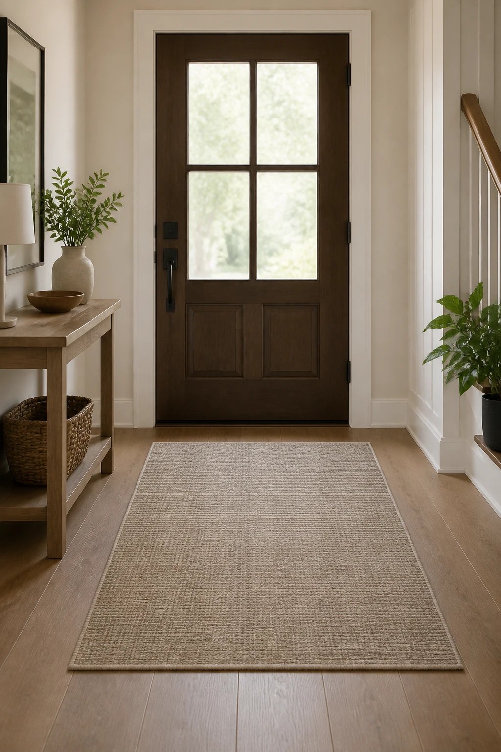 Neutral 3x5 rug aligned with front door