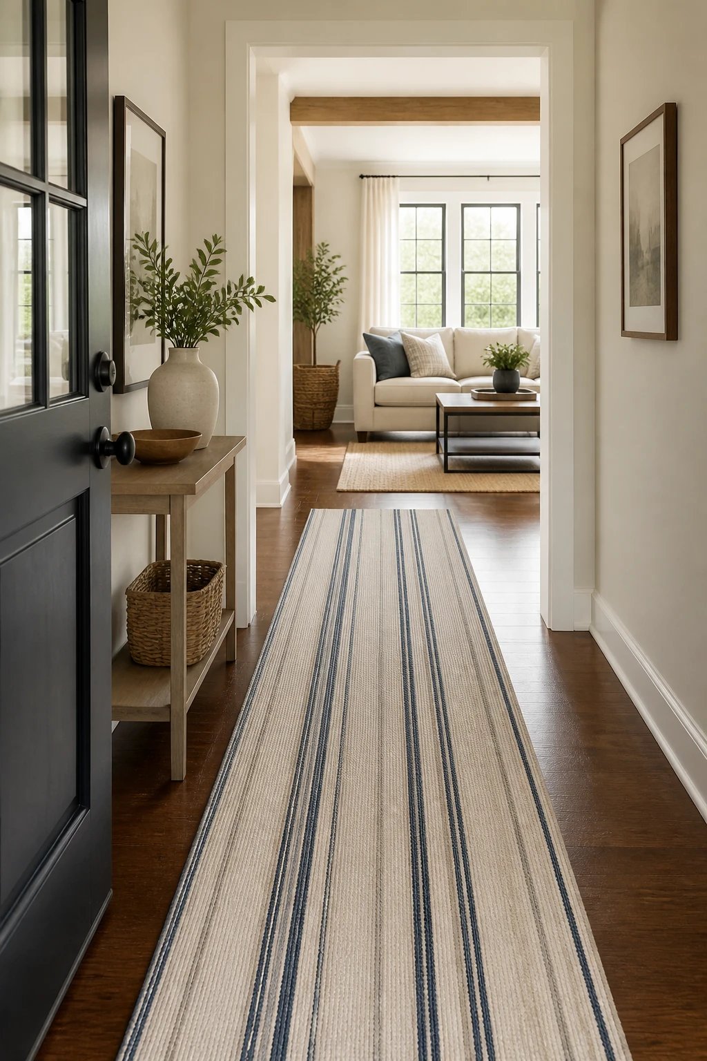 Striped runner leading from door to living room