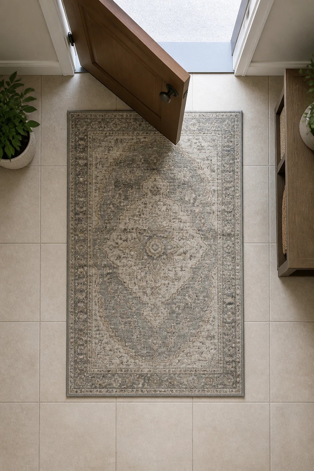 2x3 rug clearing door swing on tile floor