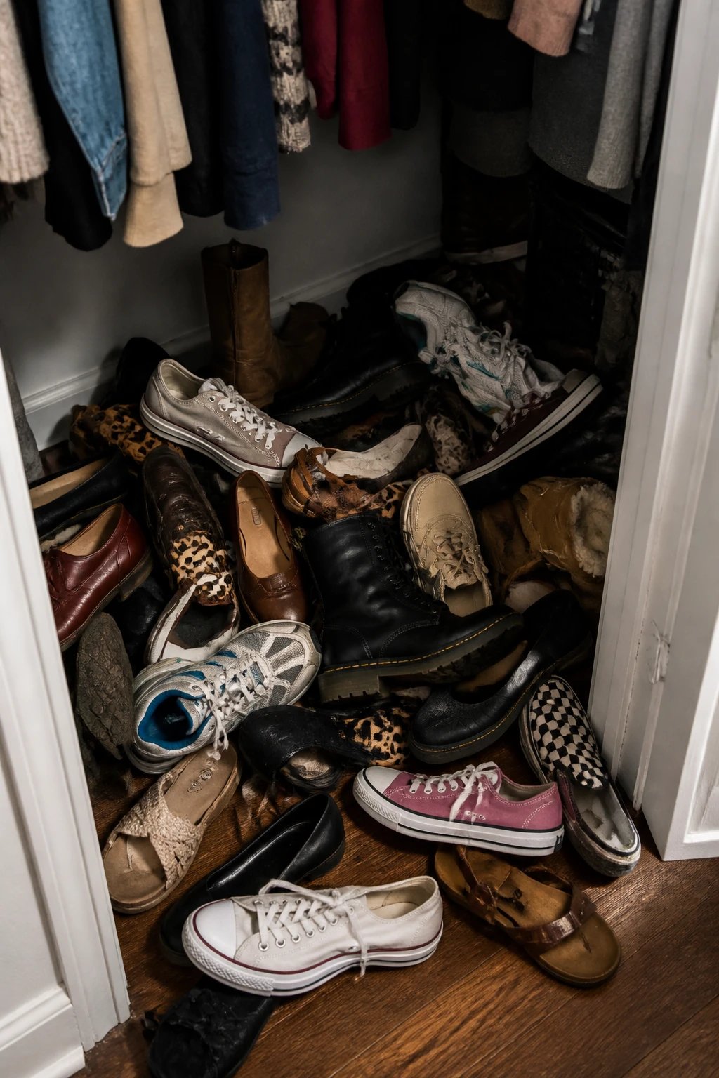 pile of mismatched shoes on closet floor
