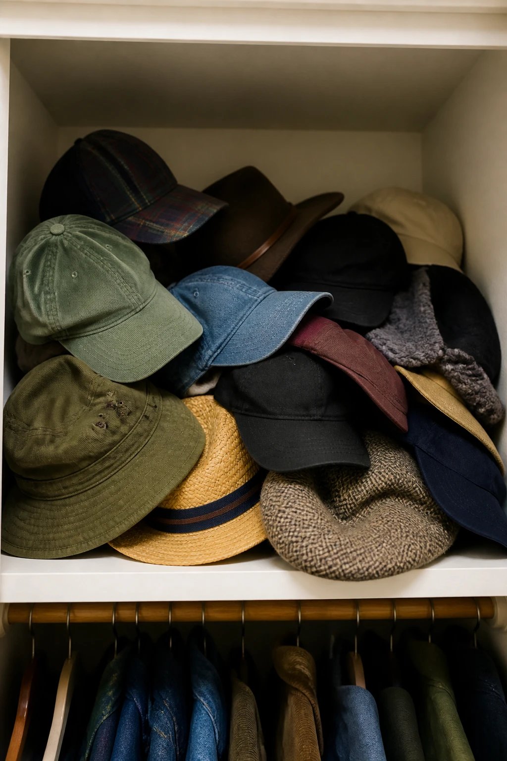 shallow closet shelf overflowing with hats
