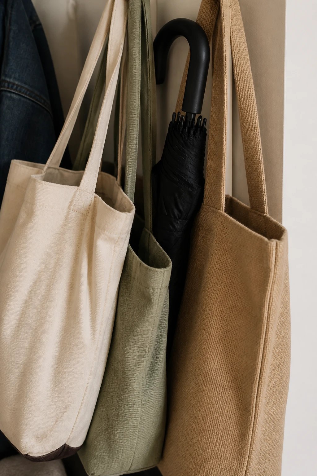 rogue umbrella wedged behind tote bags